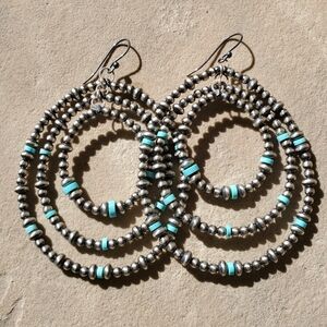 Navajo Pearl Turquoise Bead Triple Circle Dangle Earrings